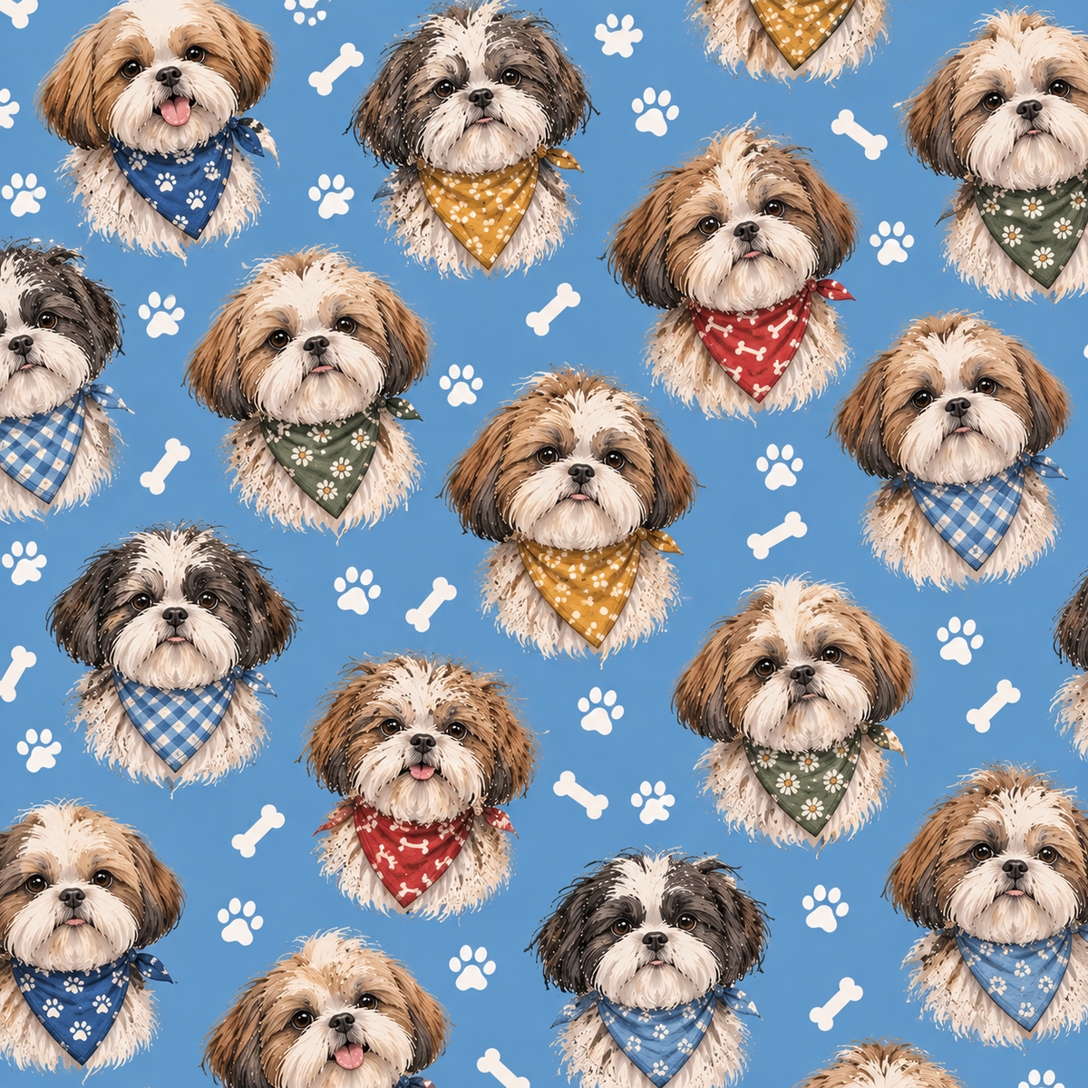 Shih Tzu dogs wearing colourful bandannas